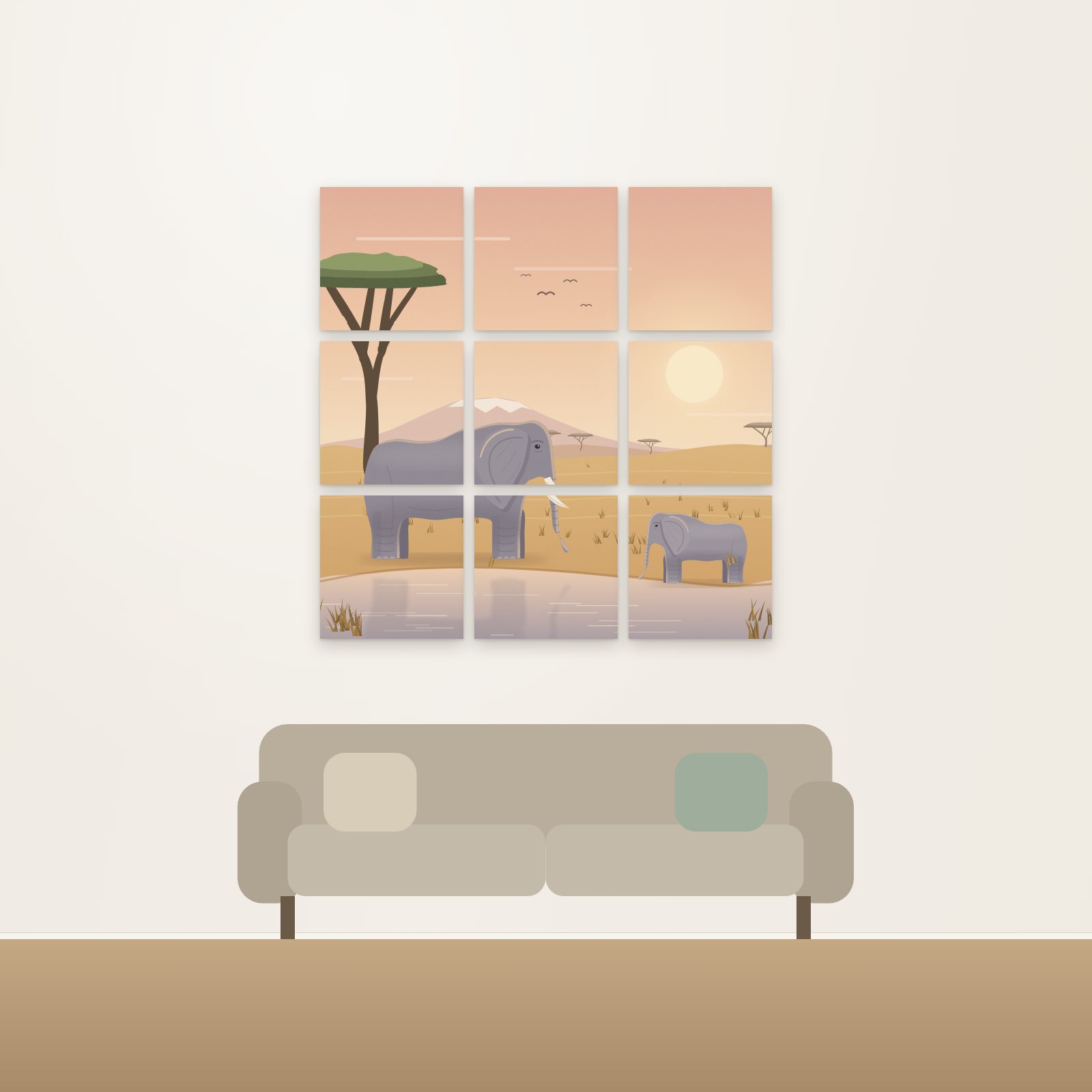Elephant Waterhole 9-Panel Acoustic Gallery Grid - Acoustic Gallery Grids