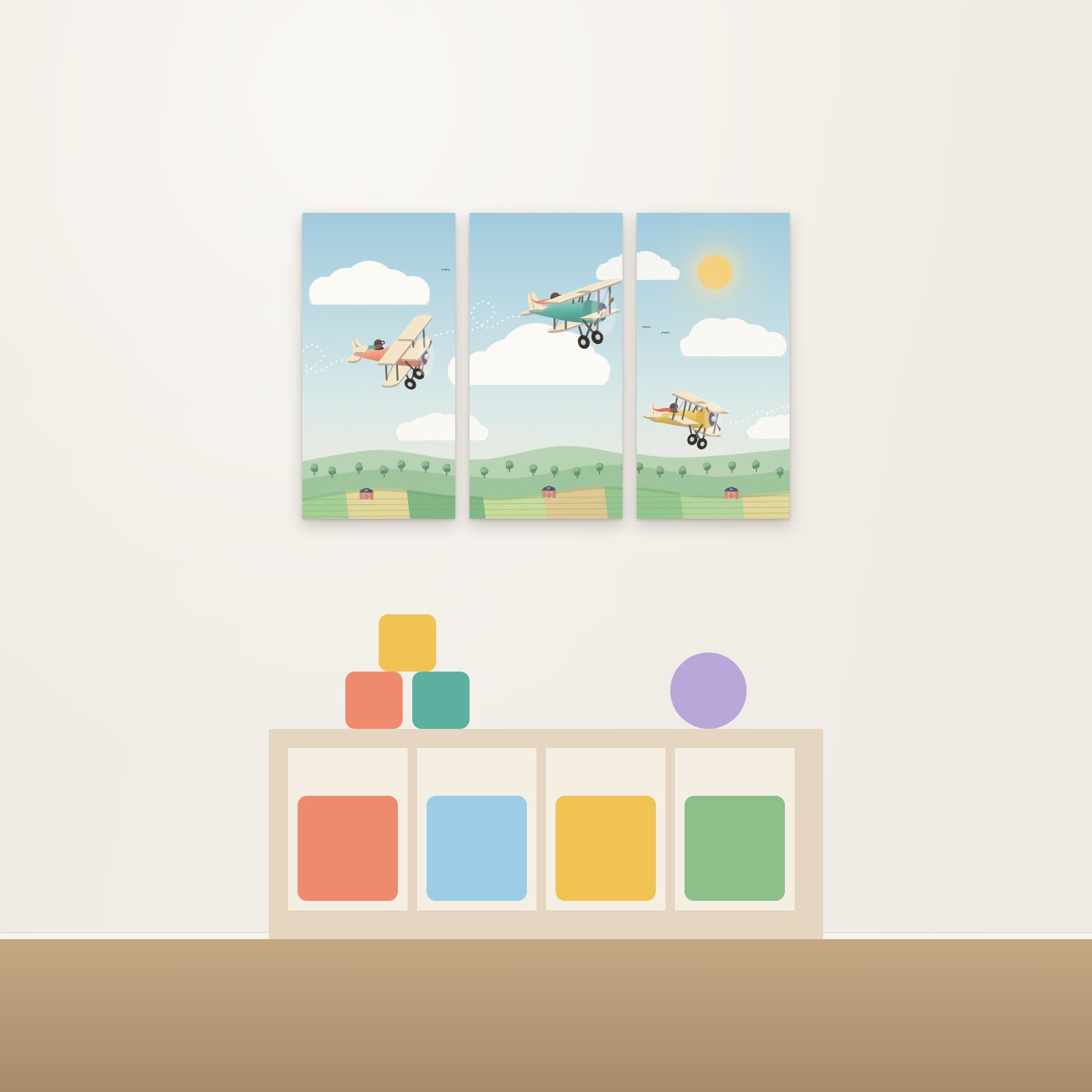Biplane Skies 3-Panel Acoustic Art Set - 3-Panel Acoustic Art Sets