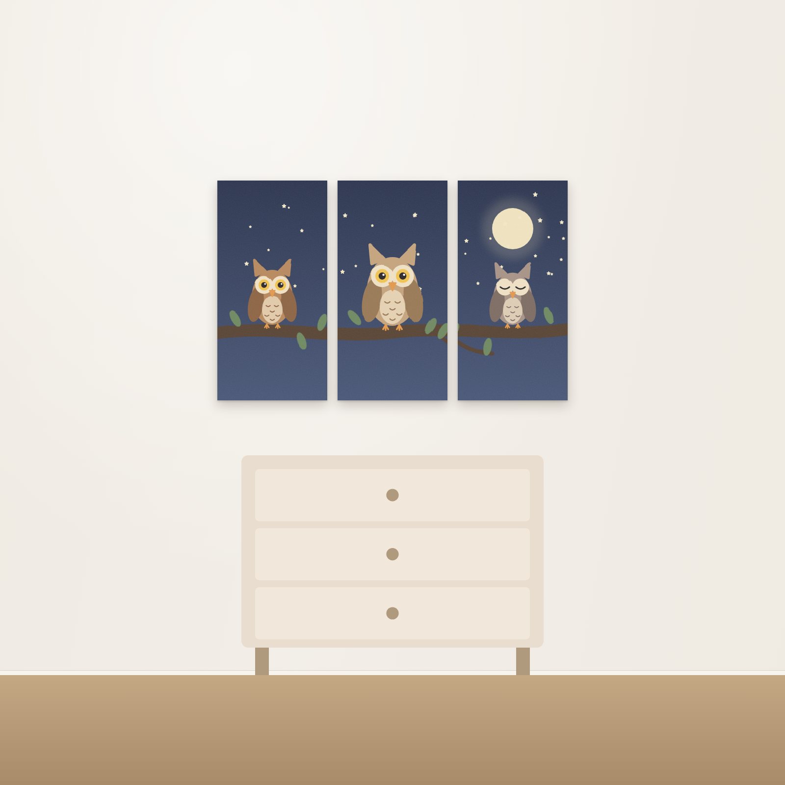 Owls on a Branch 3-Panel Acoustic Art Set - 3-Panel Acoustic Art Sets