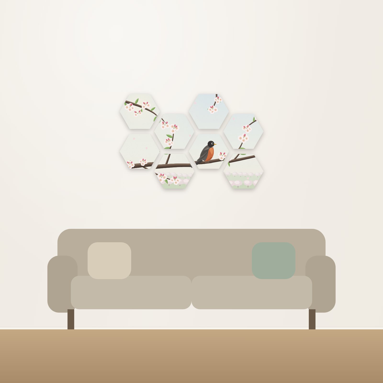 Robin in Apple Blossom Hexagon Acoustic Art Set - Hexagon Acoustic Art